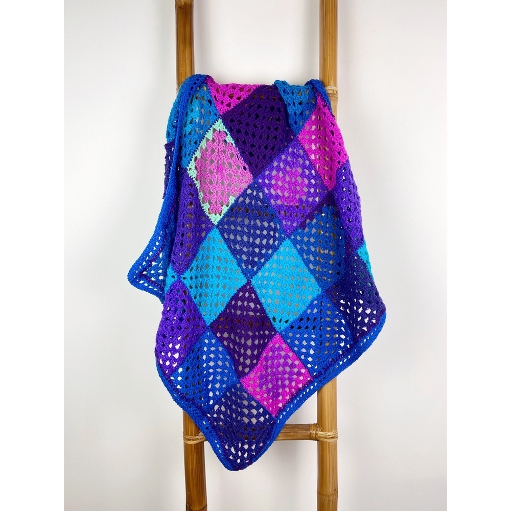 Granny Square Crochet Blue & Purple Afghan Throw Blanket